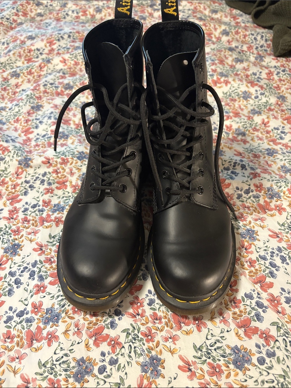 Dr. Martens Black Lace-Up Boots with Yellow Stitching
